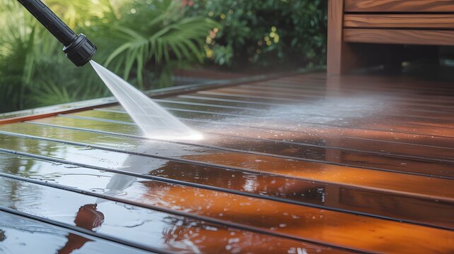Pressure washing wooden deck with high pressure water spray, outdoor home cleaning, maintenance and restoration concept, removing dirt, patio care, residential hygiene illustration
