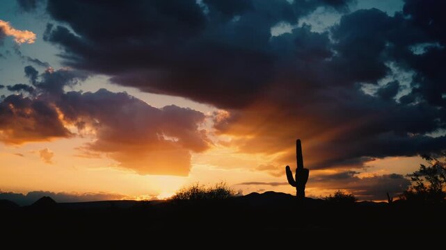 Lone Saguaro Cactus Silhouette with Amazing Sunrise Timelapse