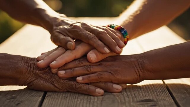Several hands from diverse group of people hands folded on top of each other. Teamwork, community and solidarity, shared purpose and support. Psychological assistance for individuals in need