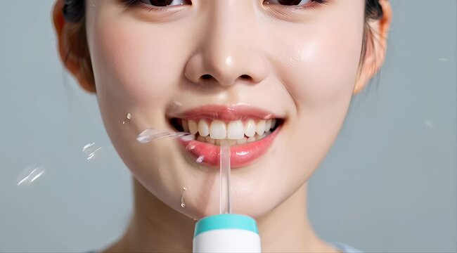 Woman smiling while using a water flosser for clean teeth