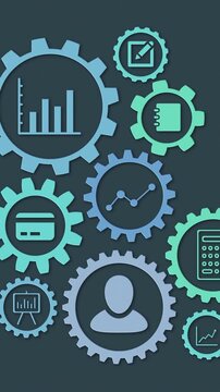 cogwheels animation with business icons, vertical video