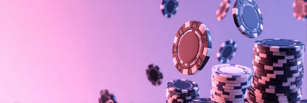 Casino gambling tokens cascade and stack against a vibrant, softly lit background