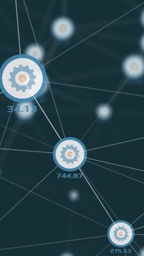 concept of cryptocurrency mining or crowdfunding, node network with numerical counters with increasing value, vertical video (3d render)