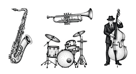 Vintage jazz band instruments and musician illustration in stipple art style