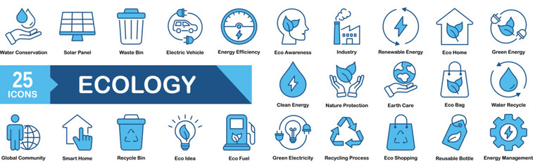 Ecology and Environment icon set Blue Monochrome Flat concept for vector illustration concept for eco, ecology, energy, green, leaf, environment, vector, plant