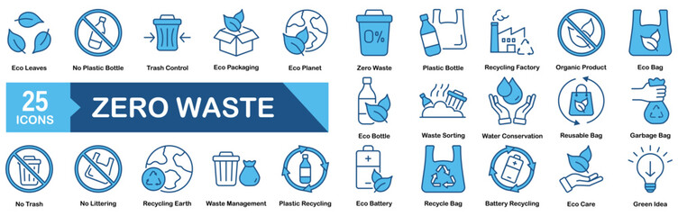 Zero Waste icon set Blue Monochrome Flat concept for vector illustration concept for reusing, eco, reuse, energy, zero, waste, plastic, green, stroke, bio, city, environment