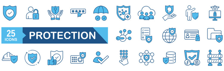 Protection icon set Blue Monochrome Flat concept for vector illustration concept for security, shield, safety, line, lock, cyber, secure, safe, datum, privacy