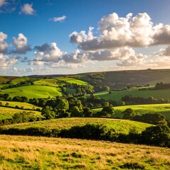 Obraz premium A serene landscape with lush green rolling hills under a blue sky