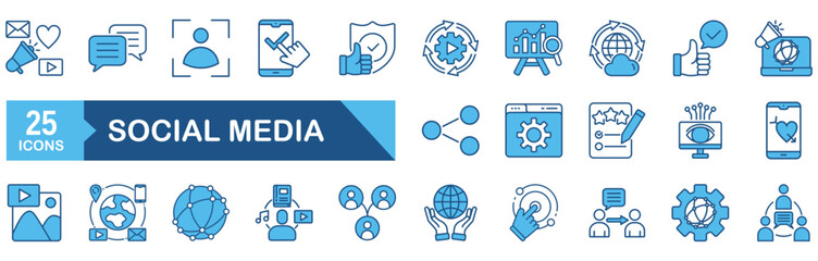 Social Media icon set Blue Monochrome Flat concept for vector illustration concept for social, network, digital, like, content, design, save, post, share, censoring, news, comment, communication