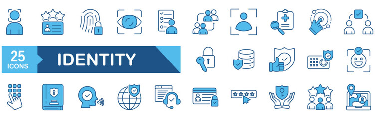 Identity icon set Blue Monochrome Flat concept for vector illustration concept for identity, biometric, face, recognition, scan, fingerprint, access, identification, verification, digital