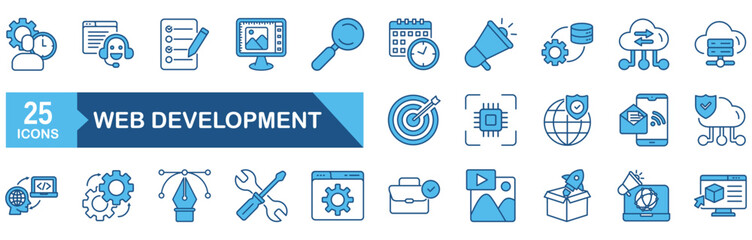 Web development icon set Blue Monochrome Flat concept for vector illustration concept for technology, app, computer, datum, software, design, code, application, thin, stroke, cyberspace
