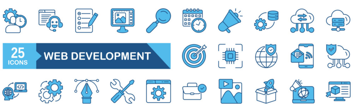 Web development icon set Blue Monochrome Flat concept for vector illustration concept for technology, app, computer, datum, software, design, code, application, thin, stroke, cyberspace