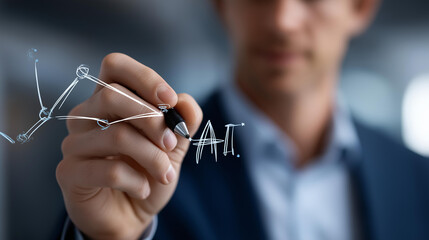 Fototapeta na wymiar AI agent concept with faceless man writing line to command agentic artificial intelligence automation, node coding flow process, perform multi-step tasks, different software