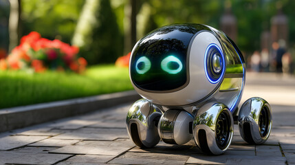 Vue lat&eacute;rale d'un robot de livraison blanc et argent. Yeux LED, bords arrondis et capteurs. Trottoir ensoleill&eacute;, arri&egrave;re-plan de parc urbain