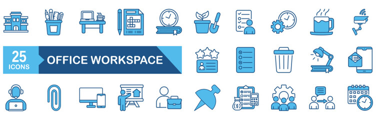 Office workspace icon set Blue Monochrome Flat concept for vector illustration concept for computer, work, laptop, desk, workplace, business, table, schedule, meeting, chair