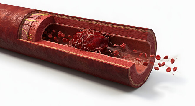 cross section medical illustration of a blood clot or thrombus inside a human artery blocking red blood cells flow representing thrombosis embolism stroke and heart disease