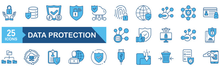 Data protection icon set Blue Monochrome Flat concept for vector illustration concept for&nbsp;access, firewall, technology, online, thin, symbol, flat, phone, mobile, account, electronic mail, payment