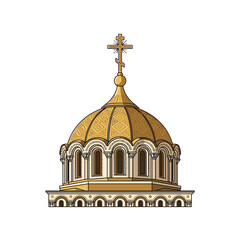 Fototapeta premium Golden Orthodox church dome with cross on top, detailed architectural illustration