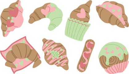Set of 8 cute delicious croissants. Flat vector illustration