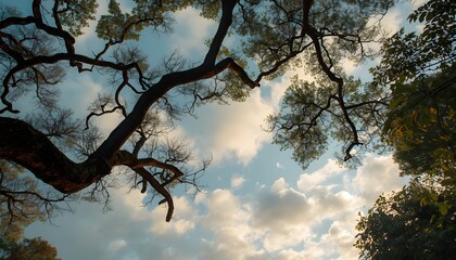 Tree branches with intricate textures and varying thicknesses against a vast sky with a warm golden light, featuring a range of blues and whites, with some branches stretching upwards 