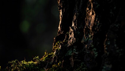 Dark mysterious forest tree trunks illuminated.