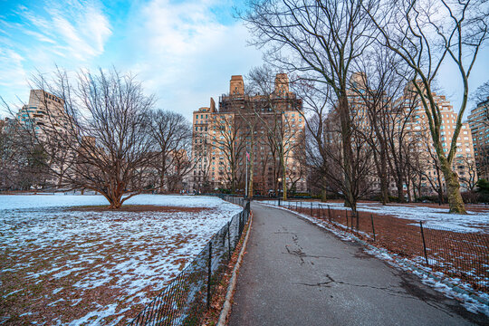 The scenic sunset views of the Central Park is an urban park between the Upper West Side and Upper East Side neighborhoods of Manhattan in New York City, and the first landscaped park in the US