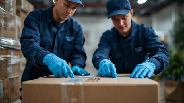 Two workers sealing cardboard package box on warehouse table wearing uniforms and protective gloves