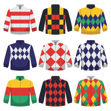 Collection of colorful jockey silks with various patterns and designs