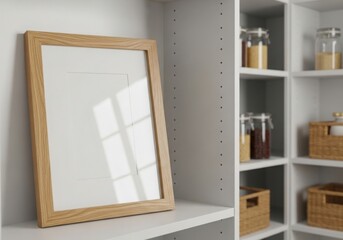 Fototapeta premium Blank Wooden Picture Frame Leaning on Shelf in Organized Storage Space.