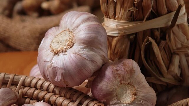 Fresh garlic in a basket.