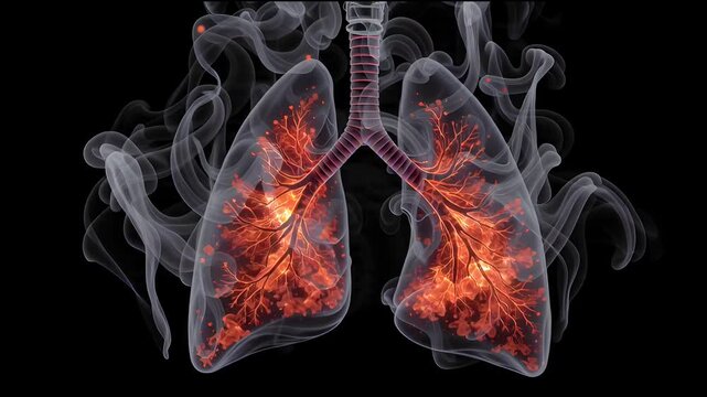 Human lungs affected by smoking, 3D medical illustration
