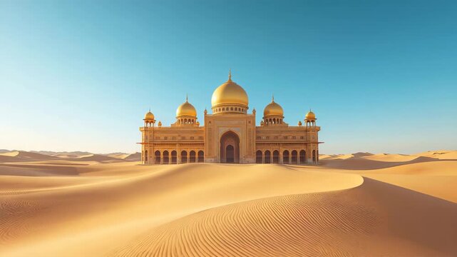 Grand mosque with golden domes rising from desert dunes under clear blue sky landscape