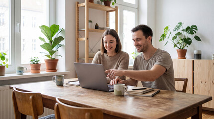 Fototapeta premium Young couple using laptop together at home dining table. Authentic real life retirement lifestyle, online banking, healthcare planning, and video calls.