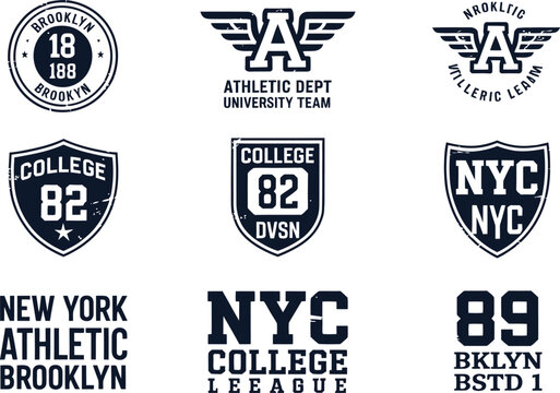 Vintage Blue Collegiate Athletics Vector Emblem Set Featuring Brooklyn and New York City University Style Logos for Retro Apparel Branding