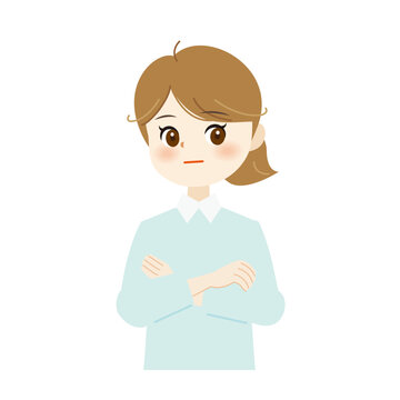 腕組みをする女性のイラスト　無表情・ニュートラル