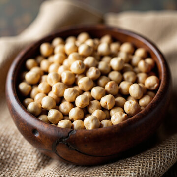 Brown bowl filled with raw chickpeas on burlap fabric background  