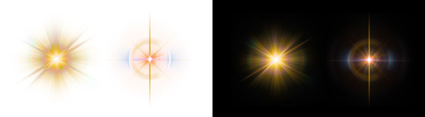 Fototapeta premium PNG image of&nbsp;A vibrant collection of dynamic optical lens flare effects showcasing brilliant light rays, glowing starbursts, and radiant illumination, perfect for creative design on transparent bg