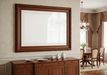 Fototapeta premium Large wooden framed mirror above a buffet table in a classic dining room.