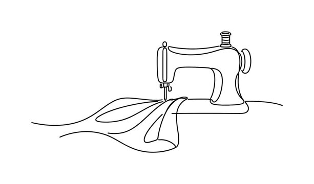 "Sewing in Progress". Minimalistic one-line drawing sewing machine with fabric passing under the needle and