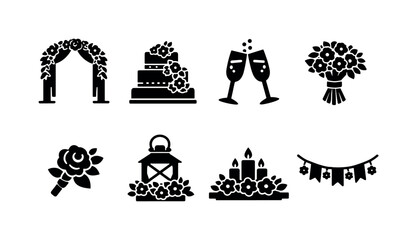 Fototapeta premium Spring Wedding Decor. Filled icon set of Spring Wedding Decor: floral arch, wedding cake with flowers,