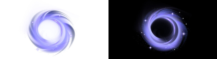 Fototapeta premium PNG image of&nbsp;A vibrant, glowing purple and blue cosmic vortex, reminiscent of a celestial black hole or spacetime wormhole, emitting sparkling stardust and ethereal light, on transparent background. o