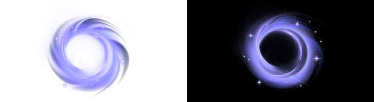 PNG image of&nbsp;A vibrant, glowing purple and blue cosmic vortex, reminiscent of a celestial black hole or spacetime wormhole, emitting sparkling stardust and ethereal light, on transparent background. o