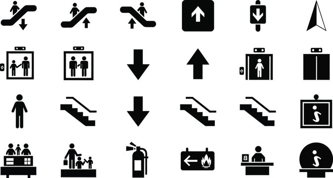 A collection of black staircase and escalator icons with directional arrows for navigation purposes