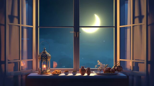 Crescent moon visible through open window with decorative lanterns and warm night interior lighting