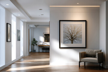 Fototapeta premium A stylish modern corridor decorated with a large framed artwork, showcasing an elegant blend of light and space that enhances the overall ambiance and sophistication.