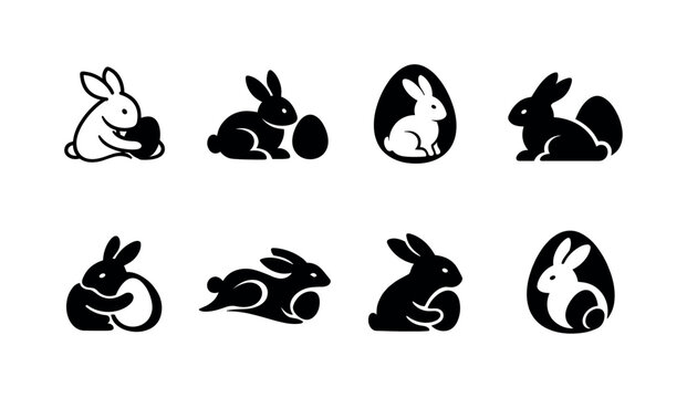 One line bunny with egg. Filled icon set of One line bunny with egg: continuous line bunny holding egg, single