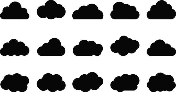 Set of black cloud silhouette icons in flat vector style isolated on light background, simple weather symbol collection for graphic design projects