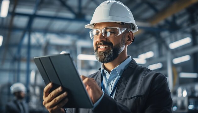 Smiling industrial engineer using a digital tablet in a modern factory setting