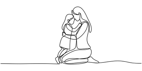 Obraz premium embracing their, Single one line drawing mother kneels down hugging her daughter and son. Always miss the warmth of a hug. With beloved children. National Single Parent Day.