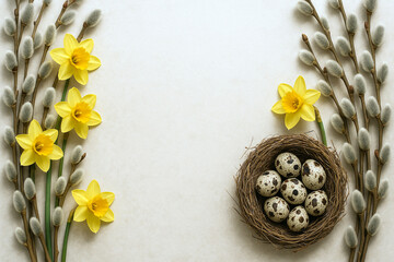 Obraz premium Bright, top-down view featuring spring elements, yellow daffodils, soft pussy willow branches, and nest with speckled quail eggs on light surface. Spring, Easter composition